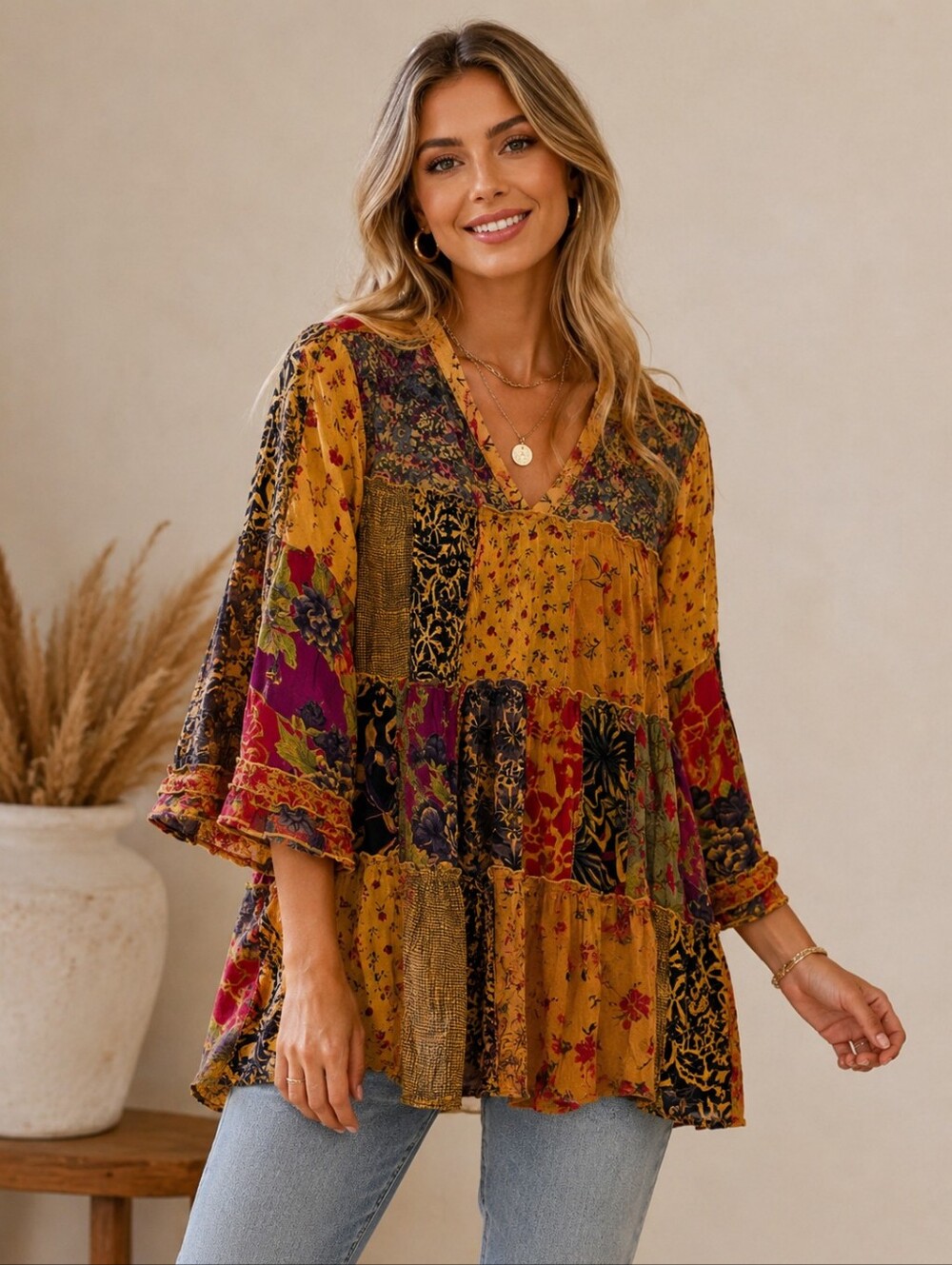 Young Threads Patchwork Boho Tunic Top Size Small Mustard Floral Mixed Print
